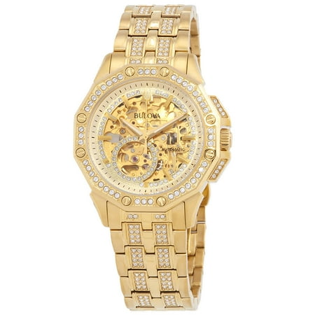 Bulova Octava Automatic Crystal Gold Skeleton Dial Men's Watch 98A292